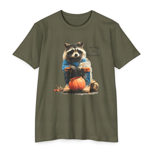 Raccoon with Pumpkin T-Shirt — "Waiting for Halloween" Cute Autumn Tee
