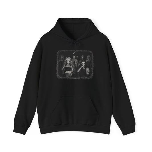 Horror Movie Trio Hoodie — Vintage Black & White Spooky Portrait Sweatshirt