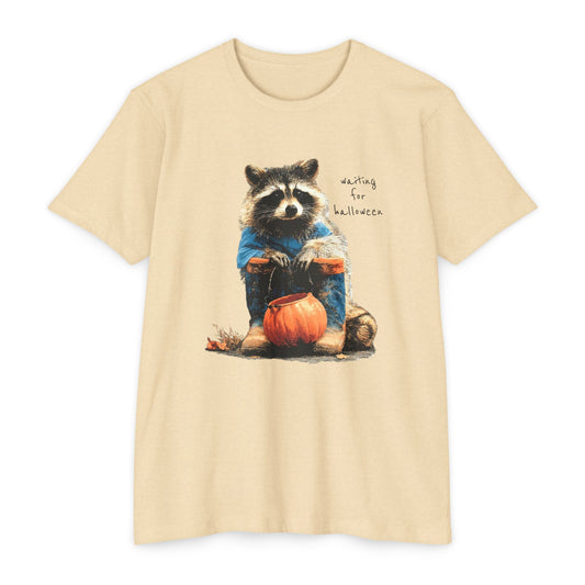 Raccoon with Pumpkin T-Shirt — "Waiting for Halloween" Cute Autumn Tee