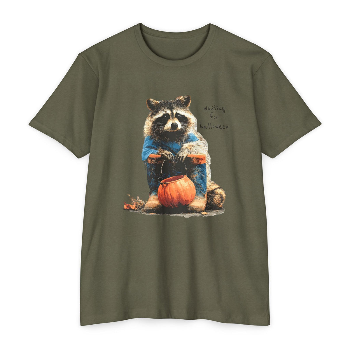 Raccoon with Pumpkin T-Shirt — "Waiting for Halloween" Cute Autumn Tee
