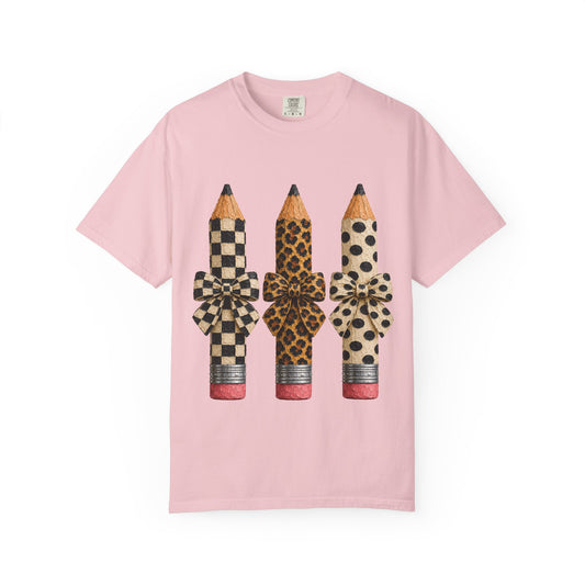 Pencil Trio Graphic Tee — Leopard & Checkerboard Pattern School Teacher Shirt