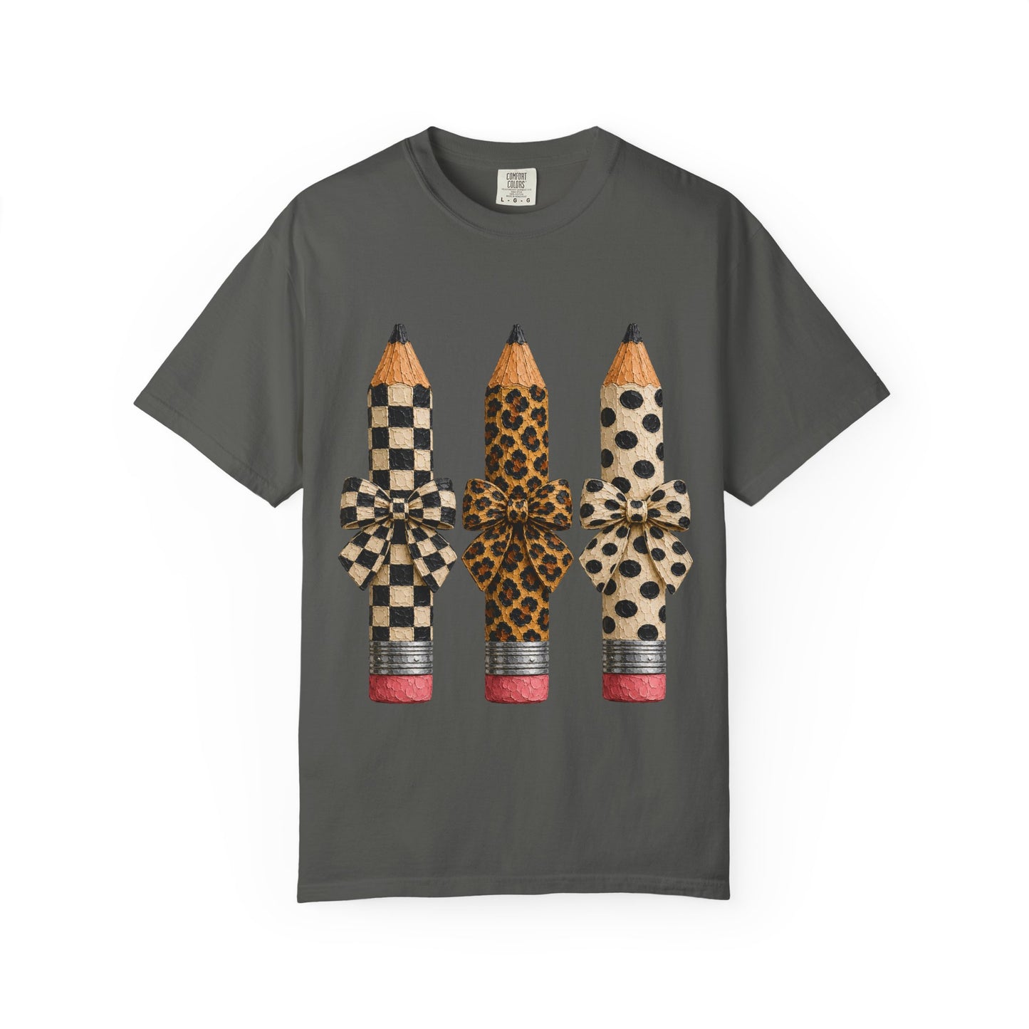 Pencil Trio Graphic Tee — Leopard & Checkerboard Pattern School Teacher Shirt