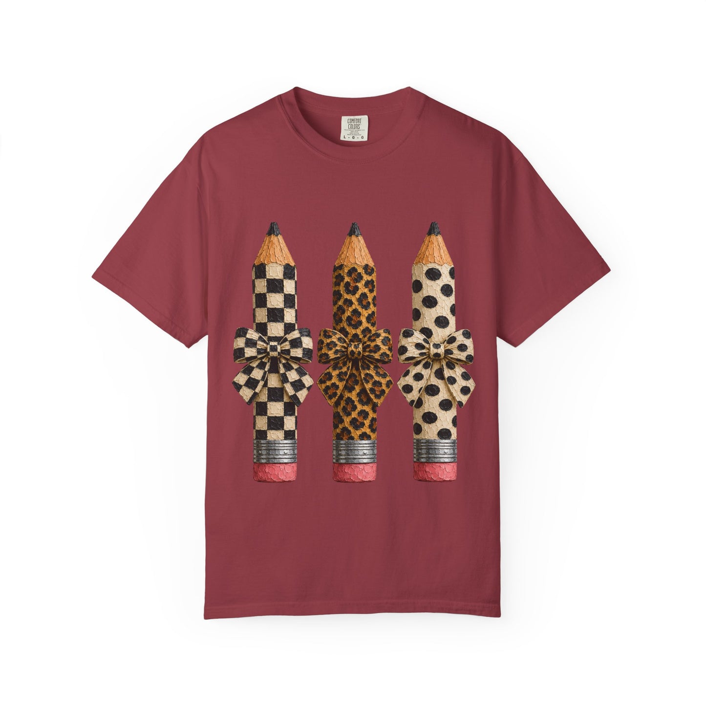Pencil Trio Graphic Tee — Leopard & Checkerboard Pattern School Teacher Shirt