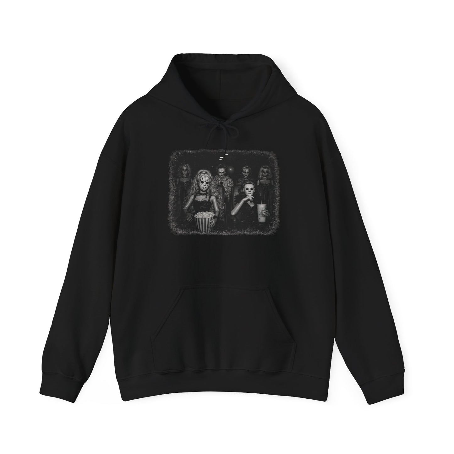 Horror Movie Trio Hoodie — Vintage Black & White Spooky Portrait Sweatshirt