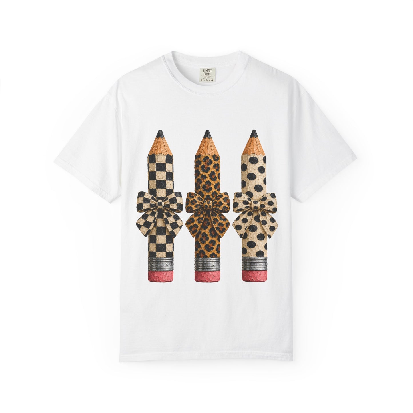 Pencil Trio Graphic Tee — Leopard & Checkerboard Pattern School Teacher Shirt
