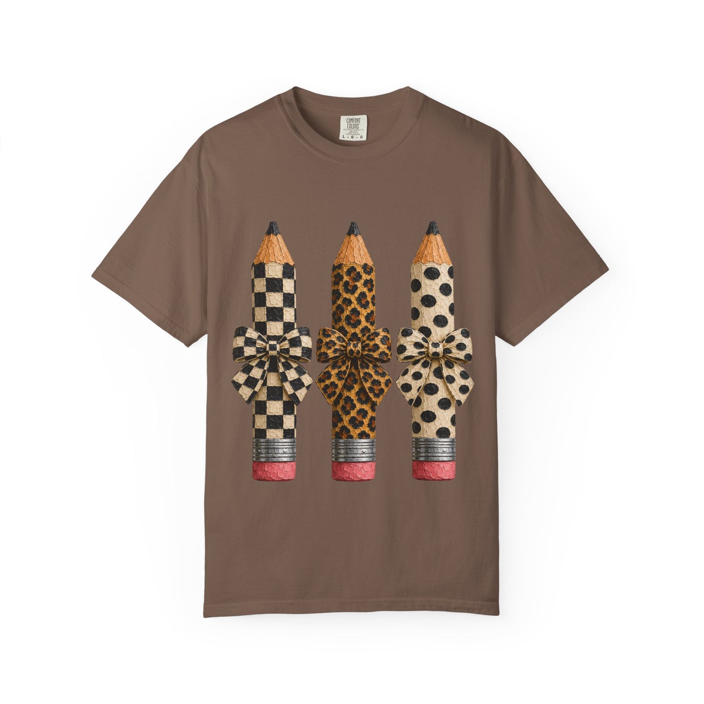 Pencil Trio Graphic Tee — Leopard & Checkerboard Pattern School Teacher Shirt