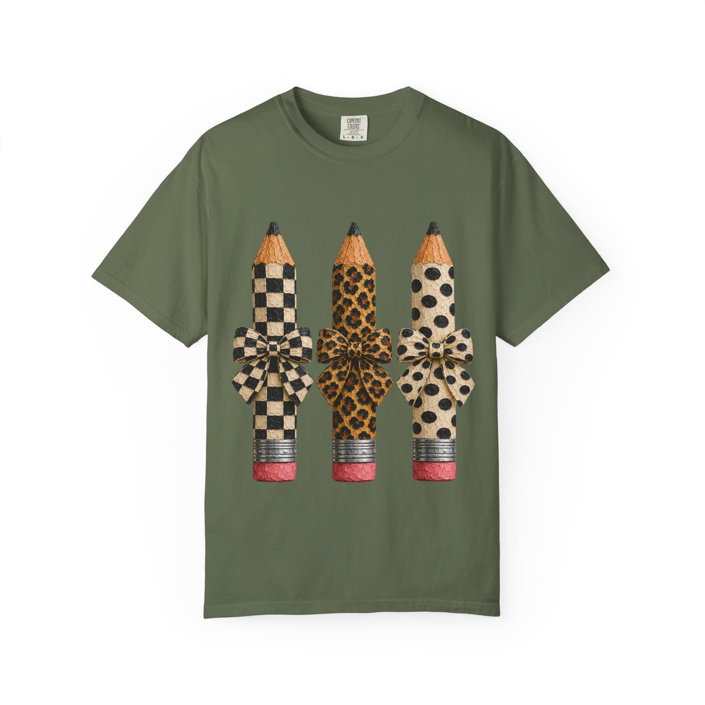 Pencil Trio Graphic Tee — Leopard & Checkerboard Pattern School Teacher Shirt