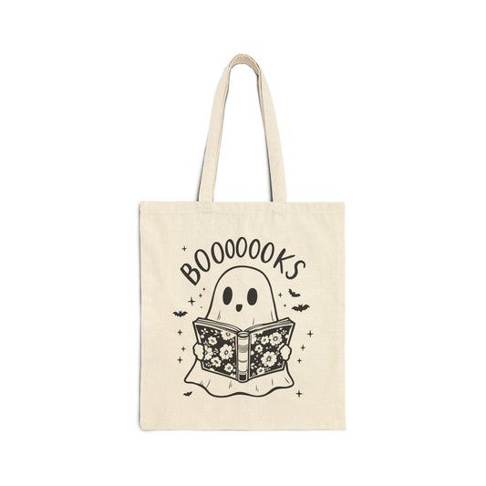 Ghost Reading "Booooooks" Canvas Tote Bag – Cute Halloween Book Lover Tote