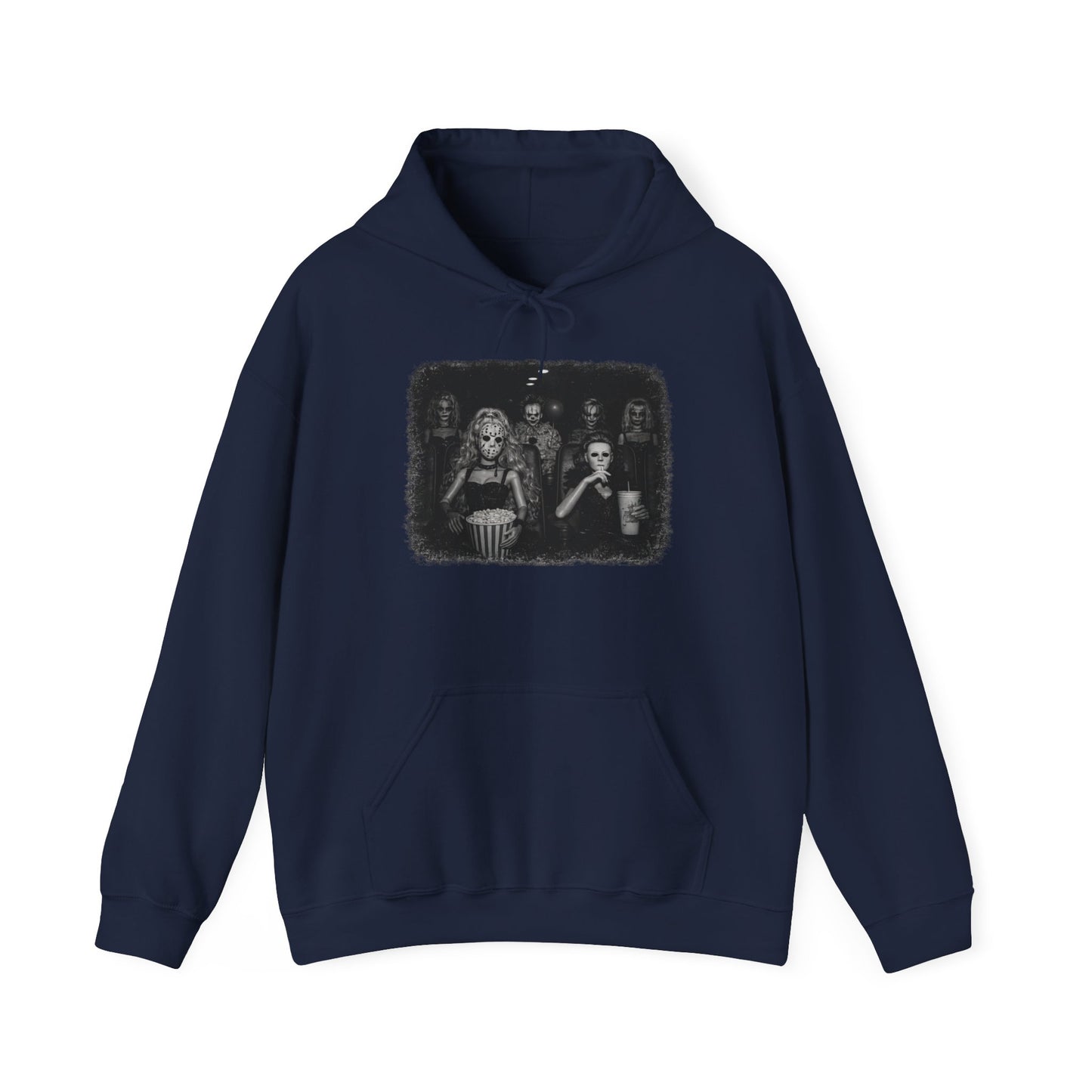 Horror Movie Trio Hoodie — Vintage Black & White Spooky Portrait Sweatshirt
