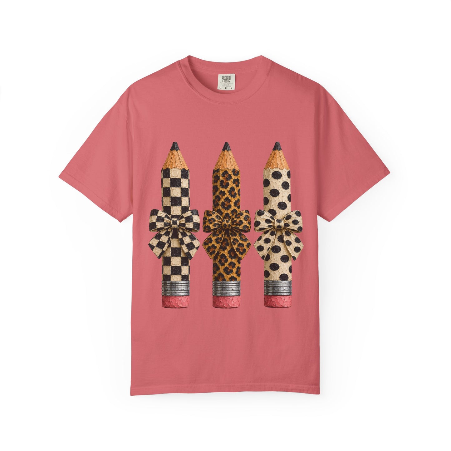 Pencil Trio Graphic Tee — Leopard & Checkerboard Pattern School Teacher Shirt