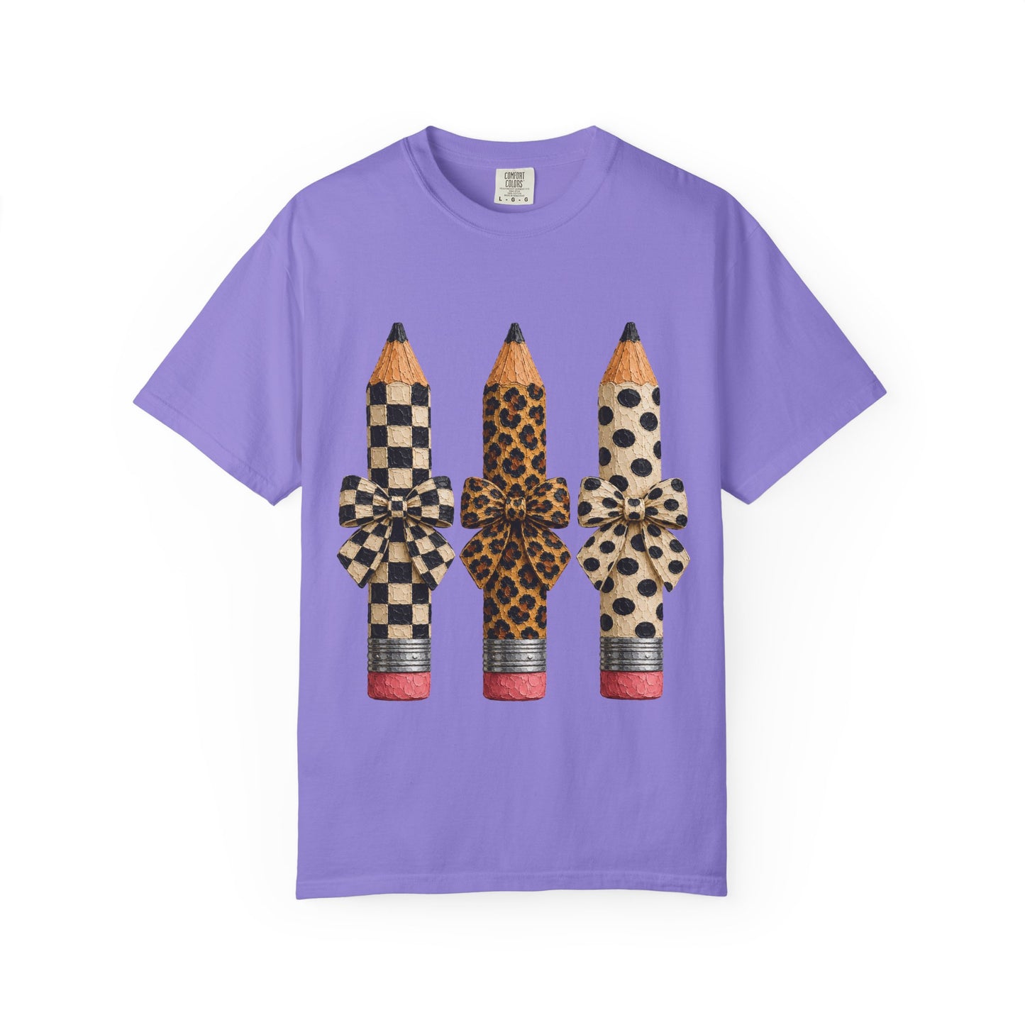 Pencil Trio Graphic Tee — Leopard & Checkerboard Pattern School Teacher Shirt