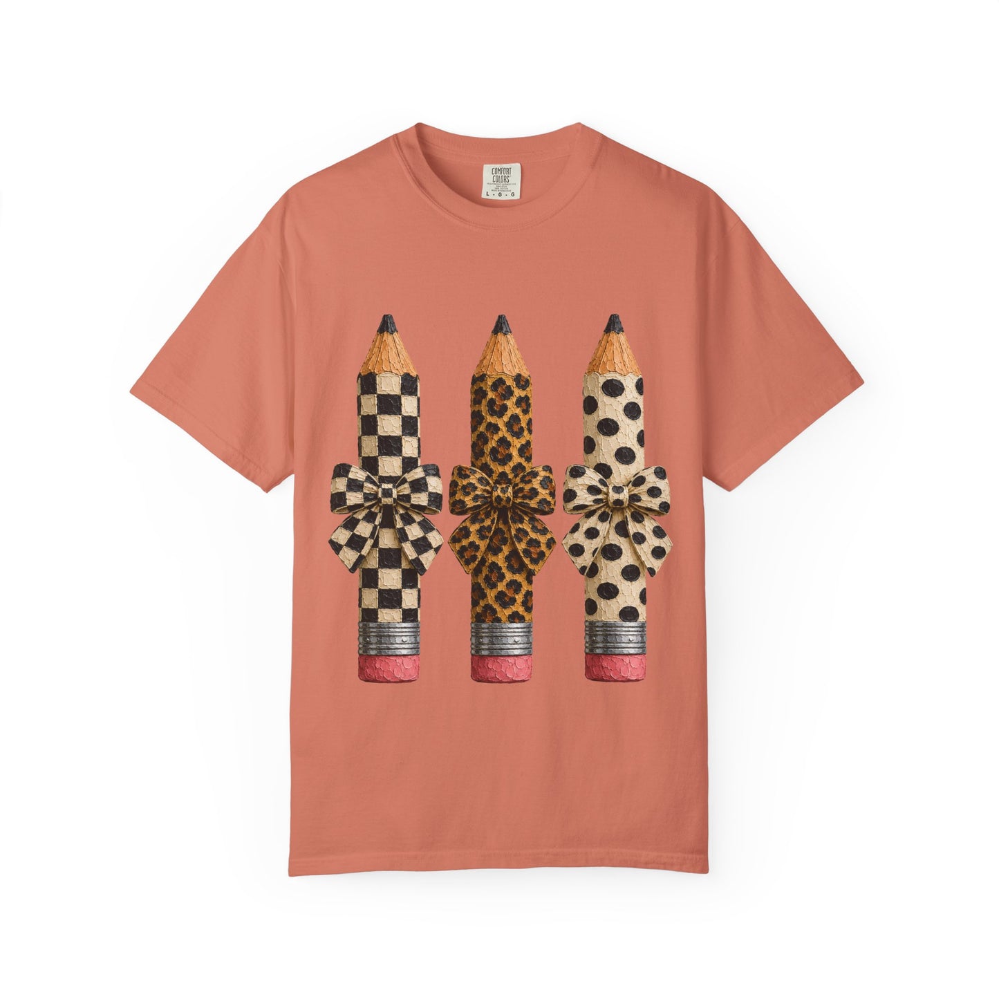 Pencil Trio Graphic Tee — Leopard & Checkerboard Pattern School Teacher Shirt