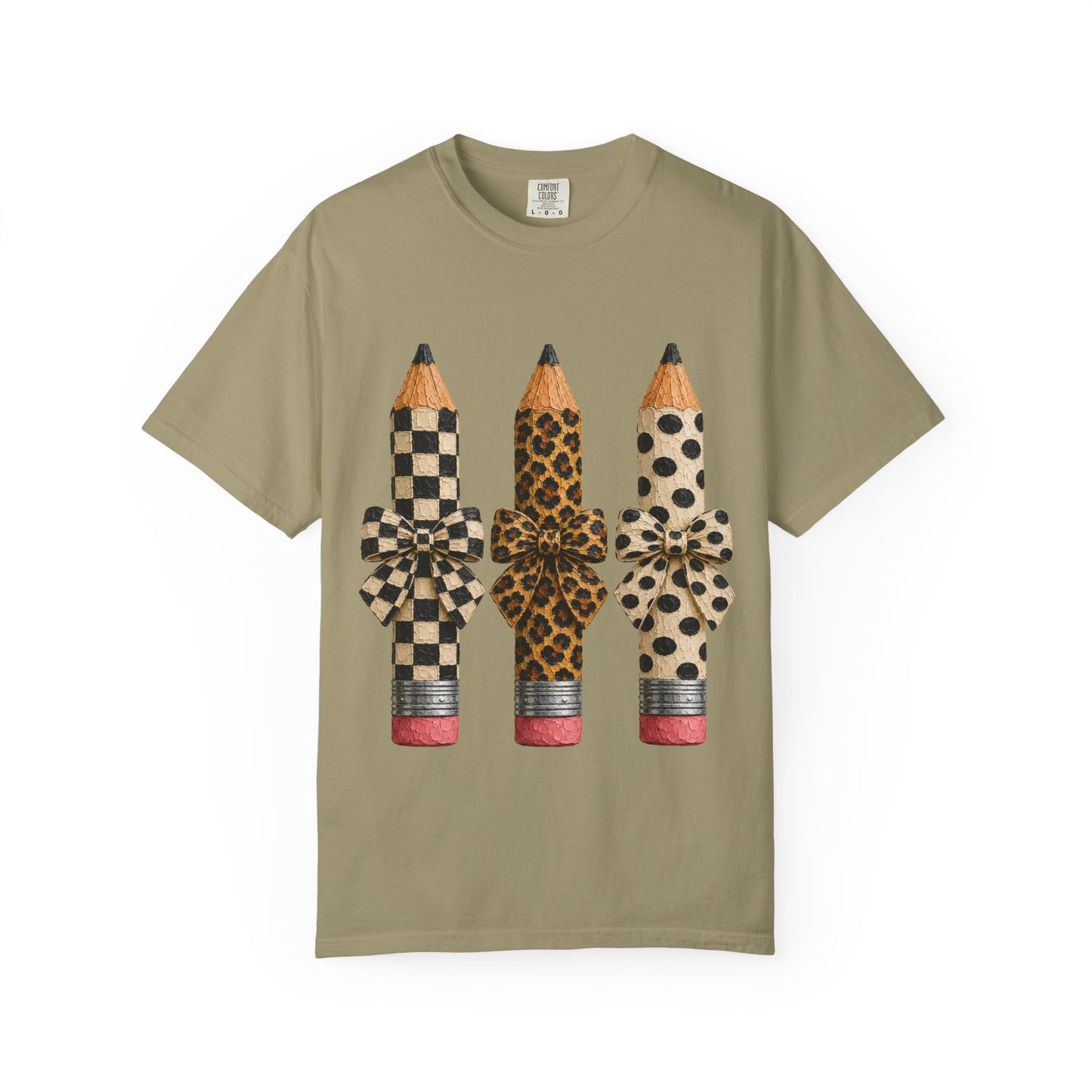 Pencil Trio Graphic Tee — Leopard & Checkerboard Pattern School Teacher Shirt