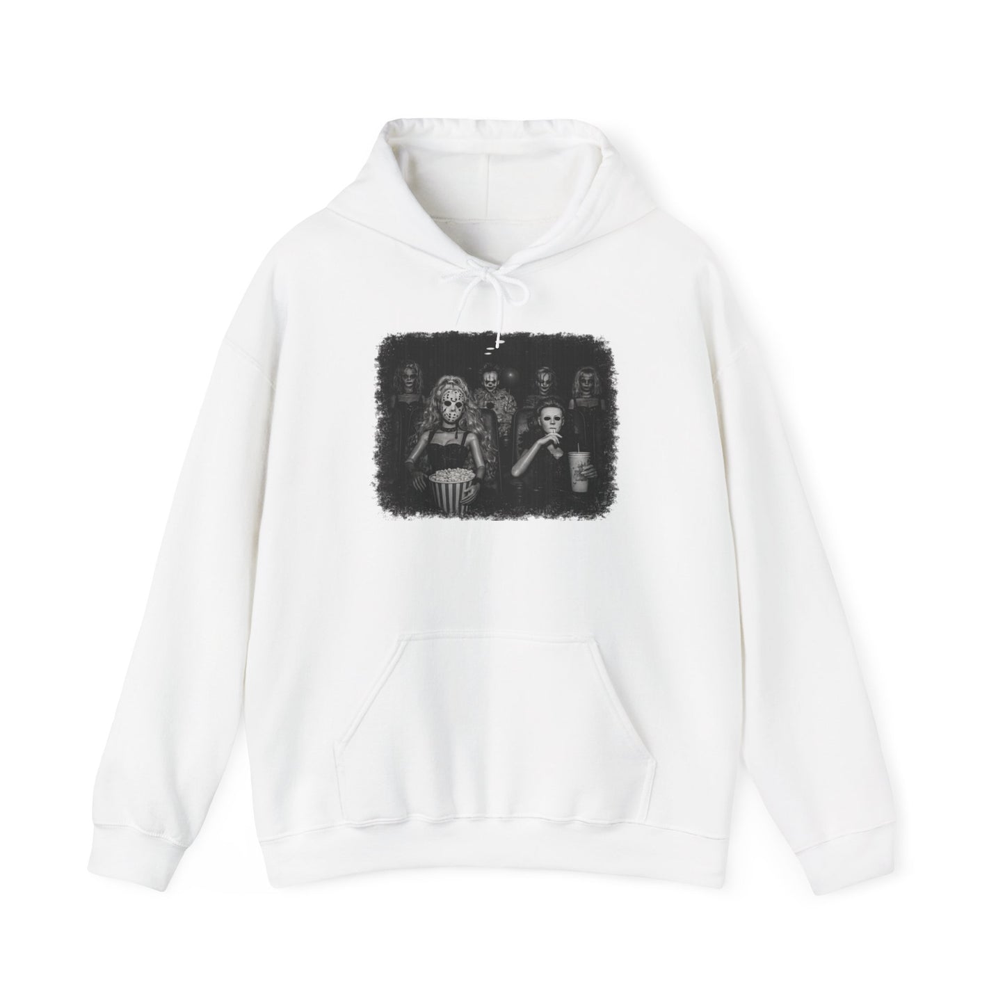 Horror Movie Trio Hoodie — Vintage Black & White Spooky Portrait Sweatshirt