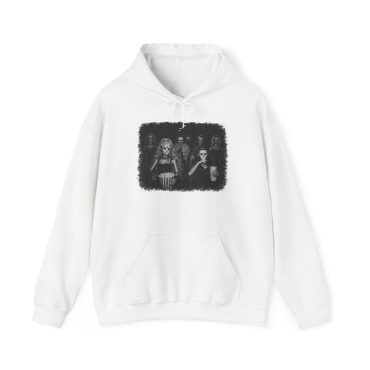 Horror Movie Trio Hoodie — Vintage Black & White Spooky Portrait Sweatshirt