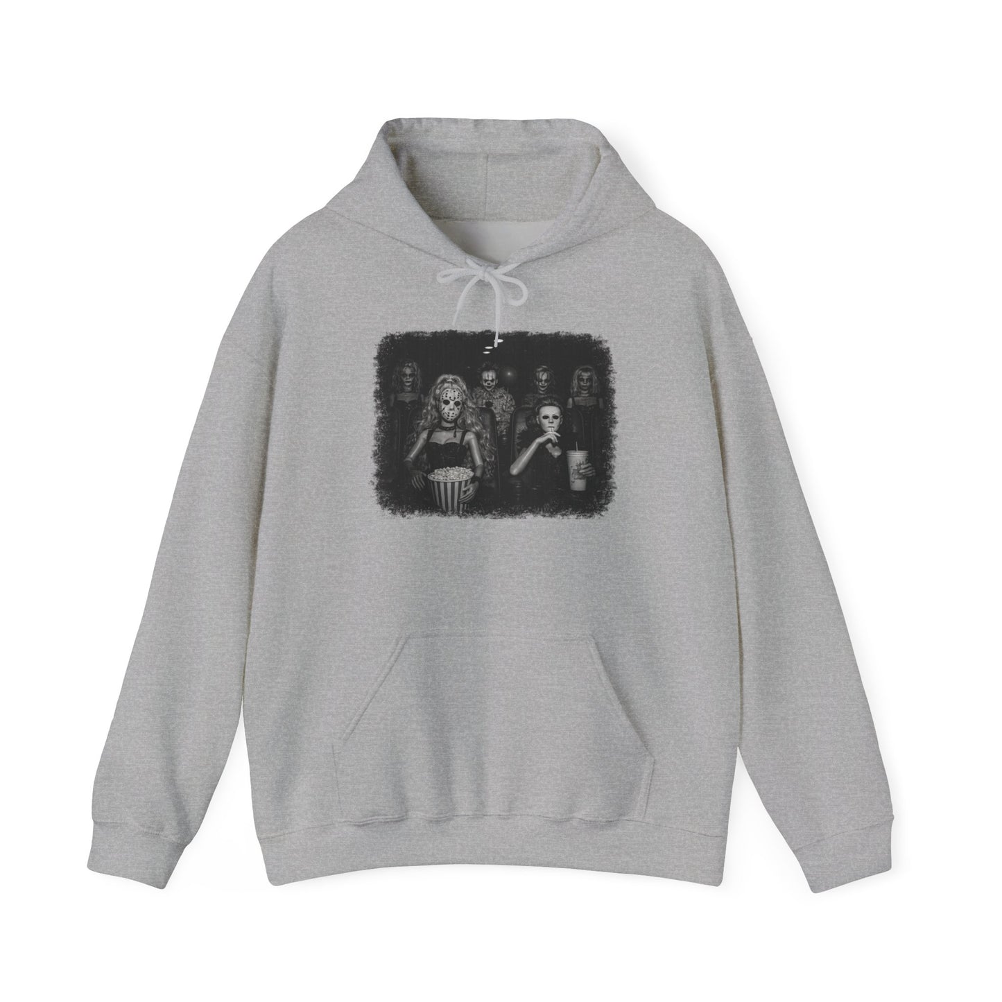 Horror Movie Trio Hoodie — Vintage Black & White Spooky Portrait Sweatshirt
