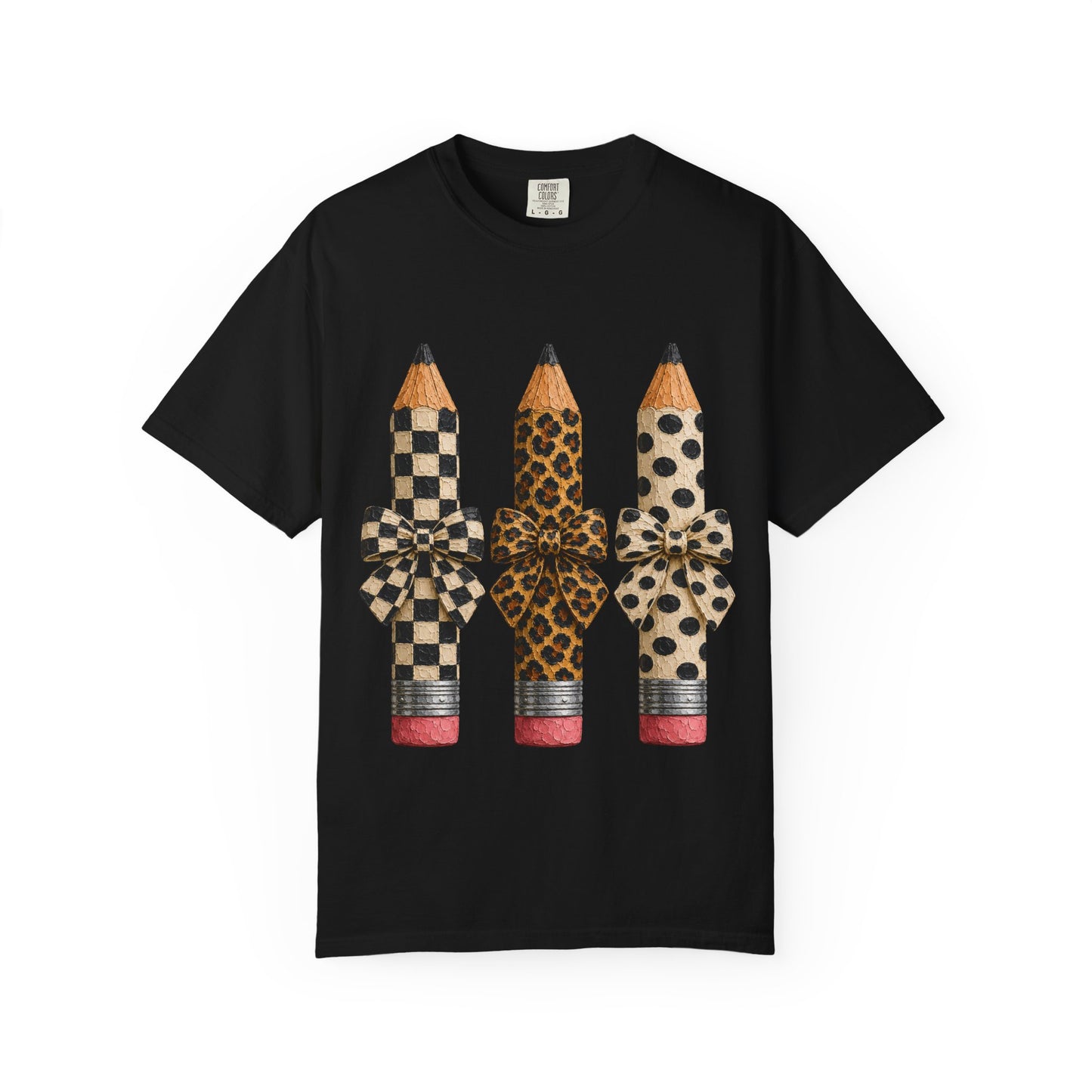 Pencil Trio Graphic Tee — Leopard & Checkerboard Pattern School Teacher Shirt