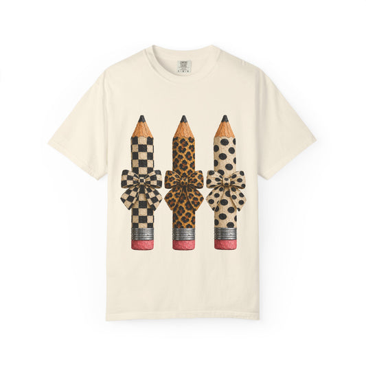 Pencil Trio Graphic Tee — Leopard & Checkerboard Pattern School Teacher Shirt