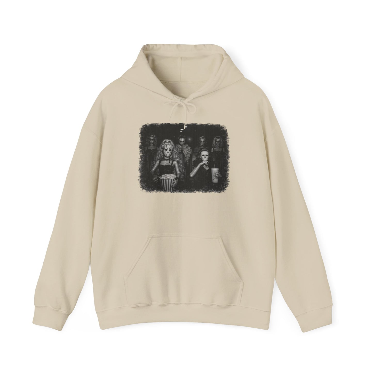 Horror Movie Trio Hoodie — Vintage Black & White Spooky Portrait Sweatshirt