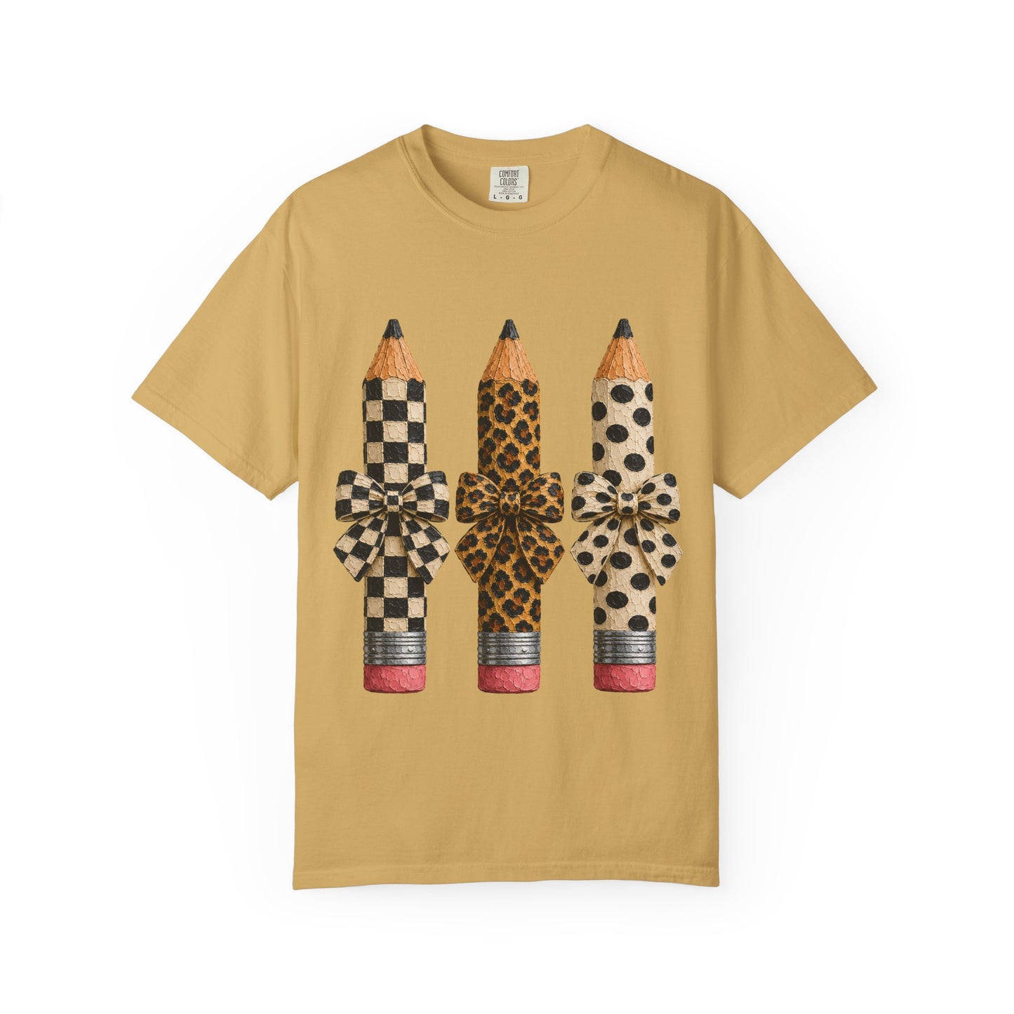 Pencil Trio Graphic Tee — Leopard & Checkerboard Pattern School Teacher Shirt